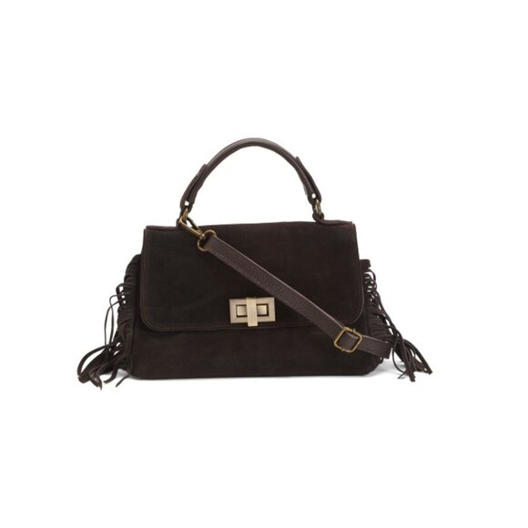 MARLON Cioccolato Made In Italy Leather Flap Over Satchel With Corner Fringe